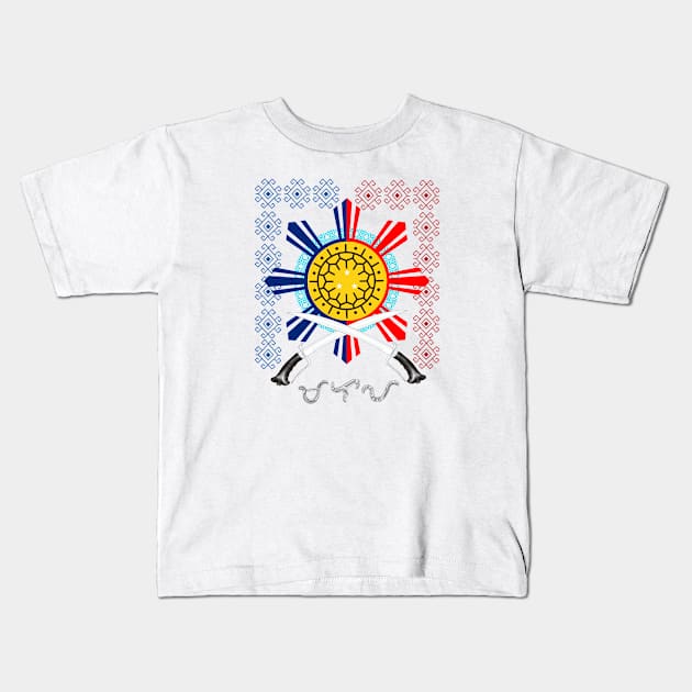 Philippine Sun / Philippine Swords (Ginunting) / Baybayin word Malaya (Freely) Kids T-Shirt by Pirma Pinas